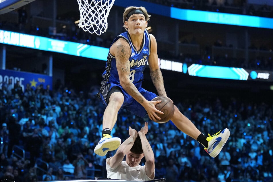 Osceola Magic guard Mac McClung competes in the slam dunk competition during the NBA's All-Star Saturday Night at the Chase Center.