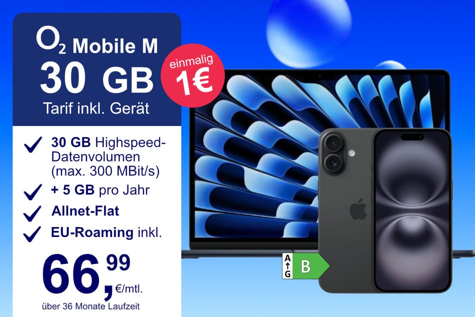 Das iPhone 16 + MacBook Air im o2 Mobile M für einmalig 1 Euro.