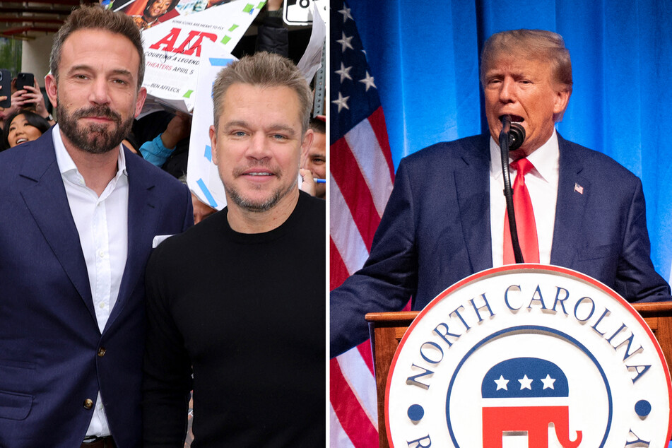 On Monday, Ben Affleck (l) and Matt Damon condemned the use of a clip from their movie Air in a recent campaign ad by former President Donald Trump (r).