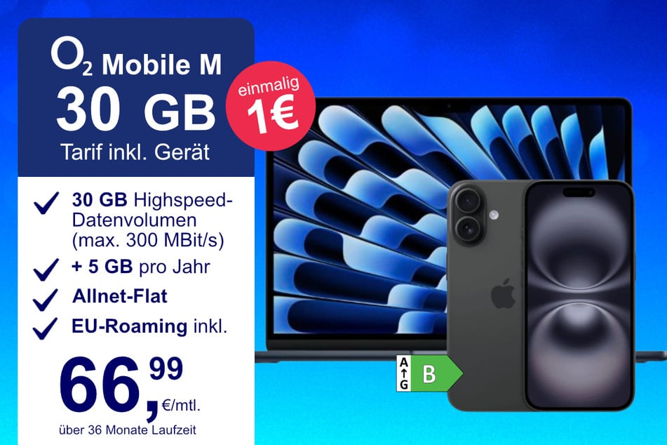 Das iPhone 16 + MacBook Air im o2 Mobile M für einmalig 1 Euro.
