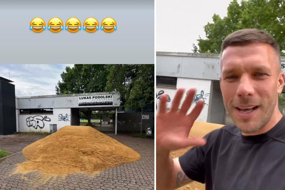 13 Tonnen Sand eingebrockt! Lukas Podolskis (36) schaut sich das Ergebnis von Sophia Thomallas (32) Racheaktion vor seinem Sportpark in Bergheim an.