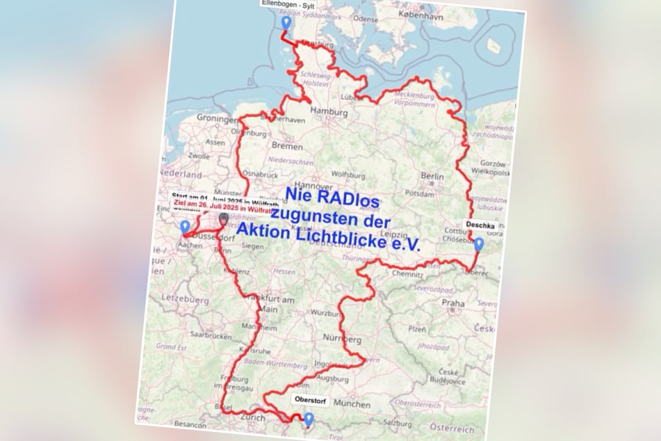 Die planmäßige Route von Frank Eigelshofen führt einmal um ganz Deutschland herum und beträgt 5100 Kilometer.