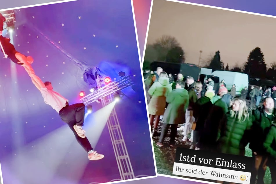 Etliche Fans hatten sich schon eine Stunde vor Showstart vor dem Zirkuszelt versammelt (rechts), um den Comedian unter anderem dabei zu beobachten, wie er an einem Trapez durch die Luft wirbelt (links).