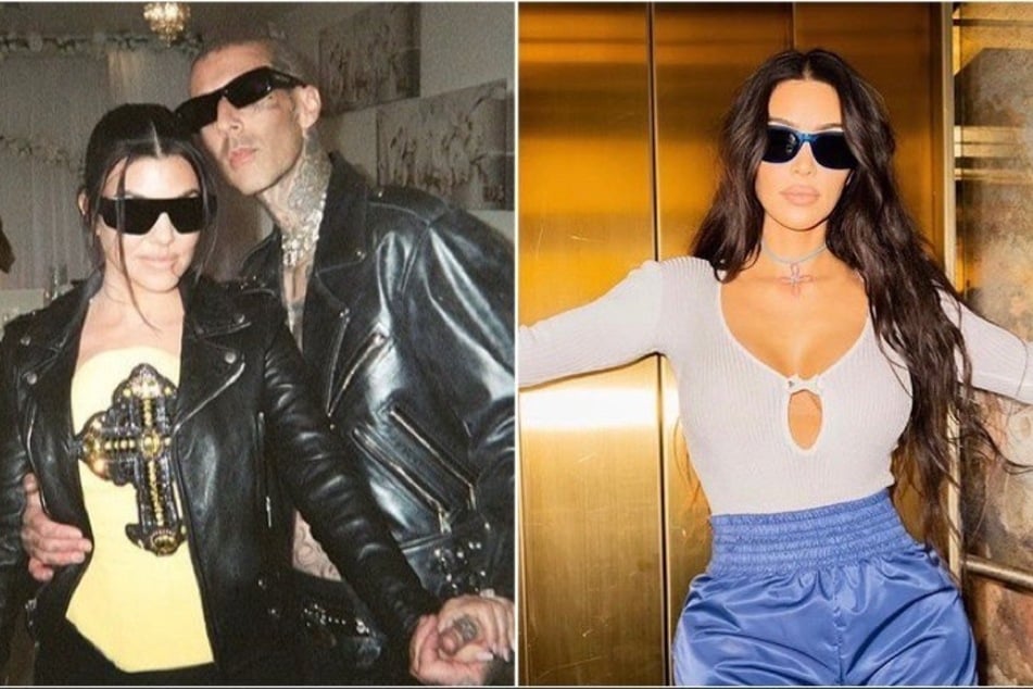 On Friday, Kim Kardashian (r) shared more tea on Kourtney Kardashian's drunken elopement with Travis Barker (l) in Las Vegas.
