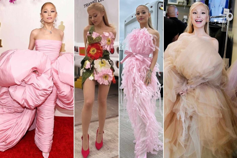 Ariana Grande artfully employs unusual uses of common coquette elements like floral appliqués, tulle, sparkles, puffy ruching, and long dramatic dress trains.