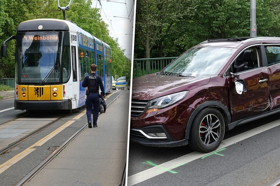 Auto kollidiert in Dresden mit Linie 4: Fahrerin und Kind in Klinik eingeliefert
