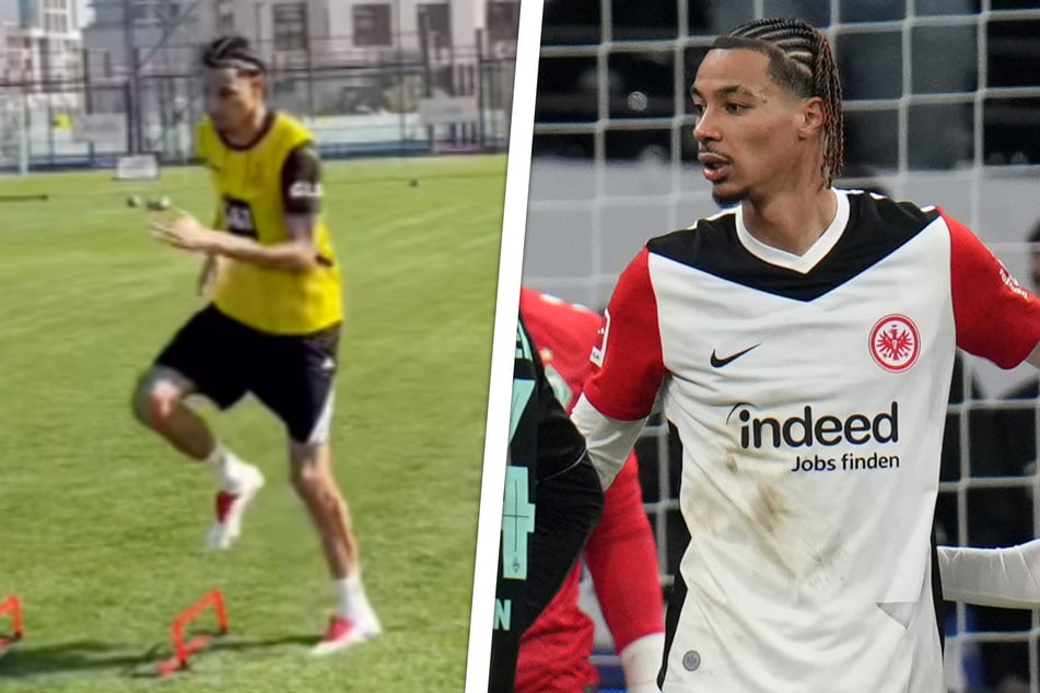 Rechts im gewohnten Dress, links ungewohnt in gelb und schwarz: Eintrachts Star-Stürmer Hugo Ekitiké (22).