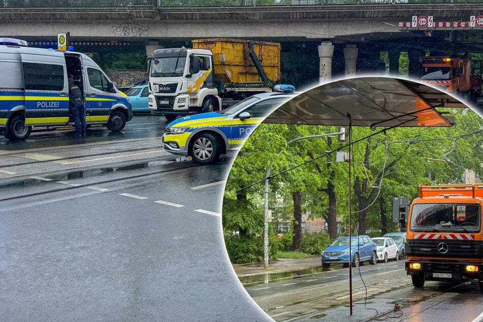 Absetzkipper reißt Oberleitung am Bischofsplatz herunter