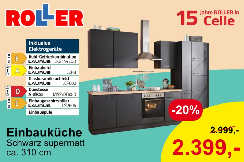 Einbauküche inkl. Küchengeräten der Marken Laurus und elica für 2.399,99 statt 2.999 Euro.