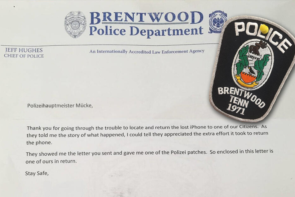 Die Polizei von Brentwood bedankt sich auch für den besonderen Einsatz mit einem Abzeichen-Patch.