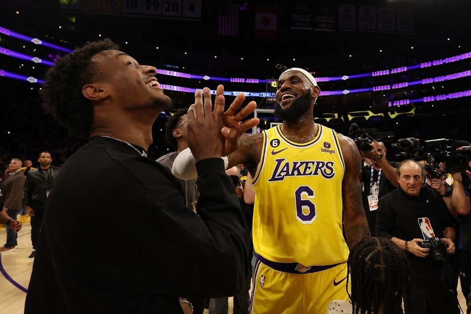 On Wednesday, LeBron James (r) took to Twitter to share his support for his eldest son Bronny (l) for making Team USA's roster for the Nike Summit in Portland.