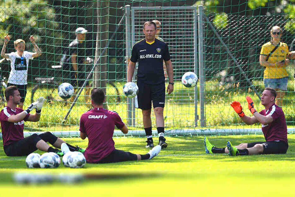 Dynamos Torhüter-Trainer Brano Arsenovic schaut genau hin: Er hat mit (v.l.) Tim Boss, Patrick Wiegers und Kevin Broll drei starke Leute.
