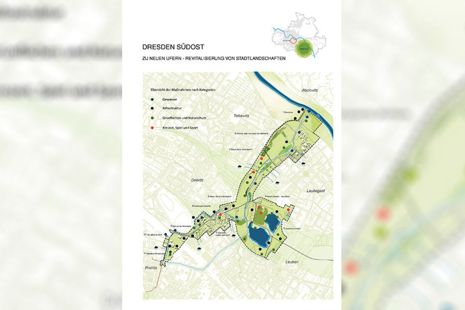 Ein Grünstreifen (140 Hektar) soll Prohlis mit dem Elbufer verbinden, Natur- und Erholungsraum werden.