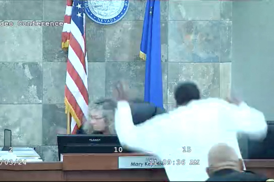 Deobra Redden lunges at Judge Mary Kay Holthus as she hands down his sentence at a court in Las Vegas, Nevada, on January 3, 2024.