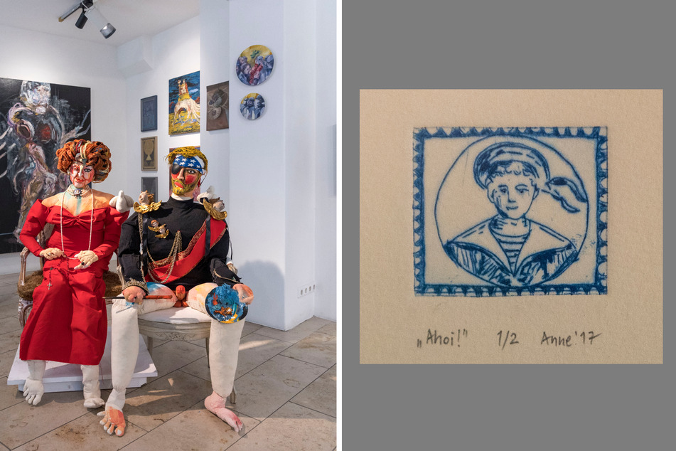 Die lebensgroßen Puppen schuf Esteban Velazquez von Wilhelm. Das kleinste Kunstwerk: Die Kaltnadelradierung zeigt eine Briefmarke mit Matrose.