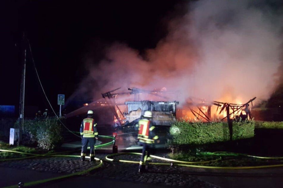 Einsatzkräfte löschen das Feuer in der Rheinaue.