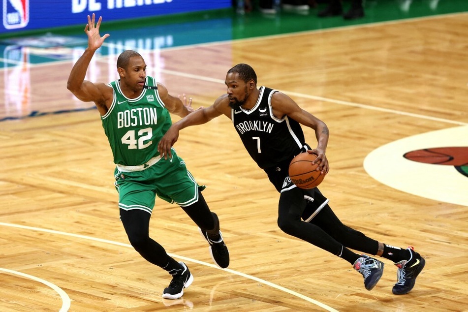 Kevin Durant of the Brooklyn Nets drives towards the basket against the Boston Celtics during Game Two of the Eastern Conference.