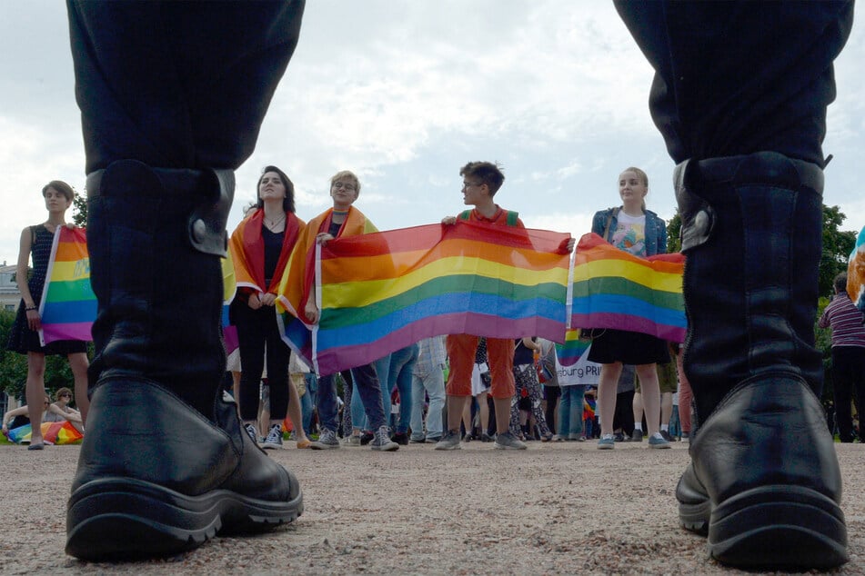 A gay pride rally in Saint-Petersburg, Russia, where a long-standing crackdown against LGBTQ+ people has escalated.