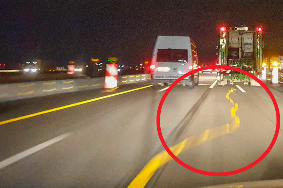 Der starke Regen sorgte dafür, dass sich die provisorische Fahrbahnmarkierung auflöste.