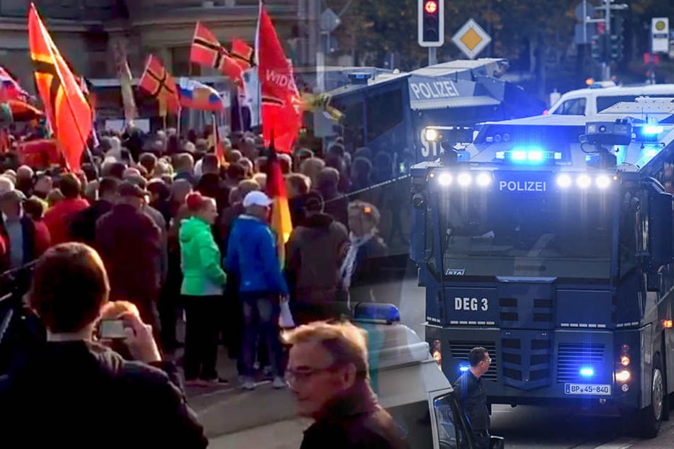 Die Polizei sicherte mehrere Demonstrationen in Chemnitz mit einem Großaufgebot (Bildmontage).