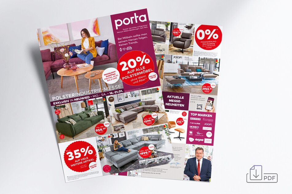 Flyer zu den Angeboten der Polsterindustrie-Messe von porta Neuwied.