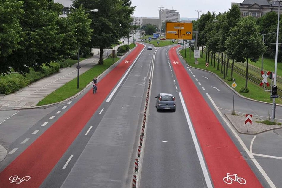 Zukunftsmusik: die Albertstraße mit zwei Radspuren. Die Spur links (vom Carolaplatz zum Albertplatz) wäre zuerst gebaut worden.