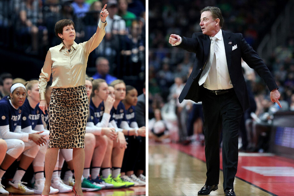 Coach Muffet McGraw (l) of Notre Dame and Rick Pitino (r) of St. John's basketball both took to Twitter to share their thoughts about the latest conference realignments.