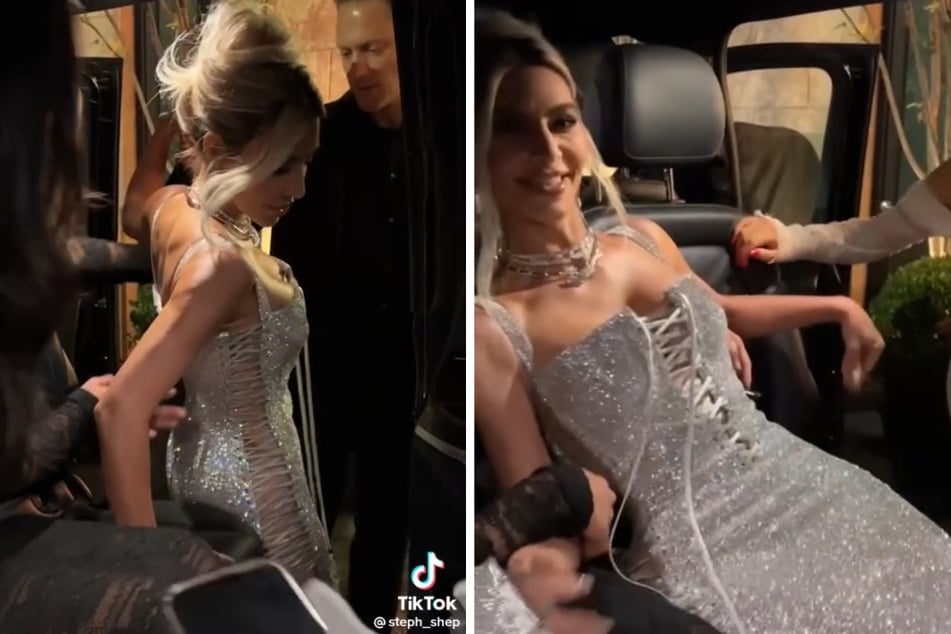 Kim Kardashian struggles to get into her car in the viral TikTok video.