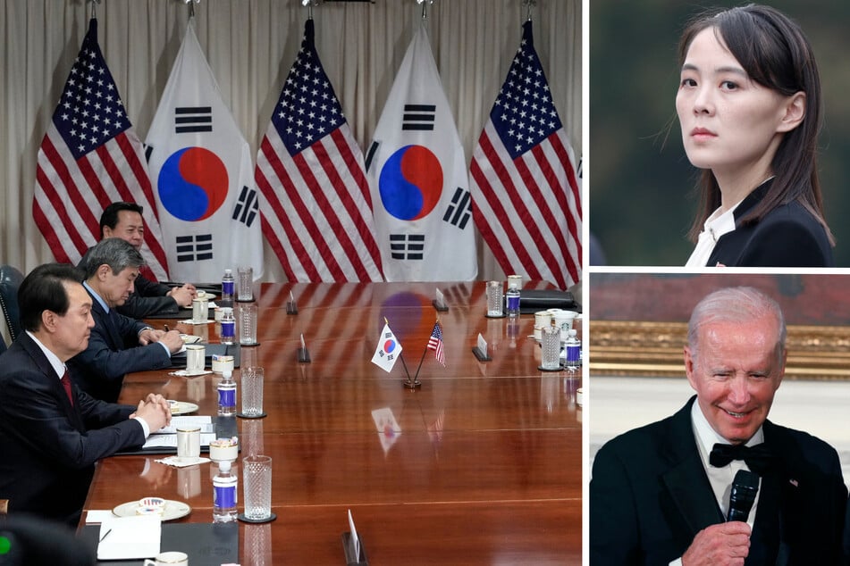 South Korean President Yoon Suk-yeol (l) appeared at a defense meeting at the Pentagon on Thursday, after which Kim Yo Jong (top r.), the sister of North Korea's leader, slammed the US and President Joe Biden (bottom r.).
