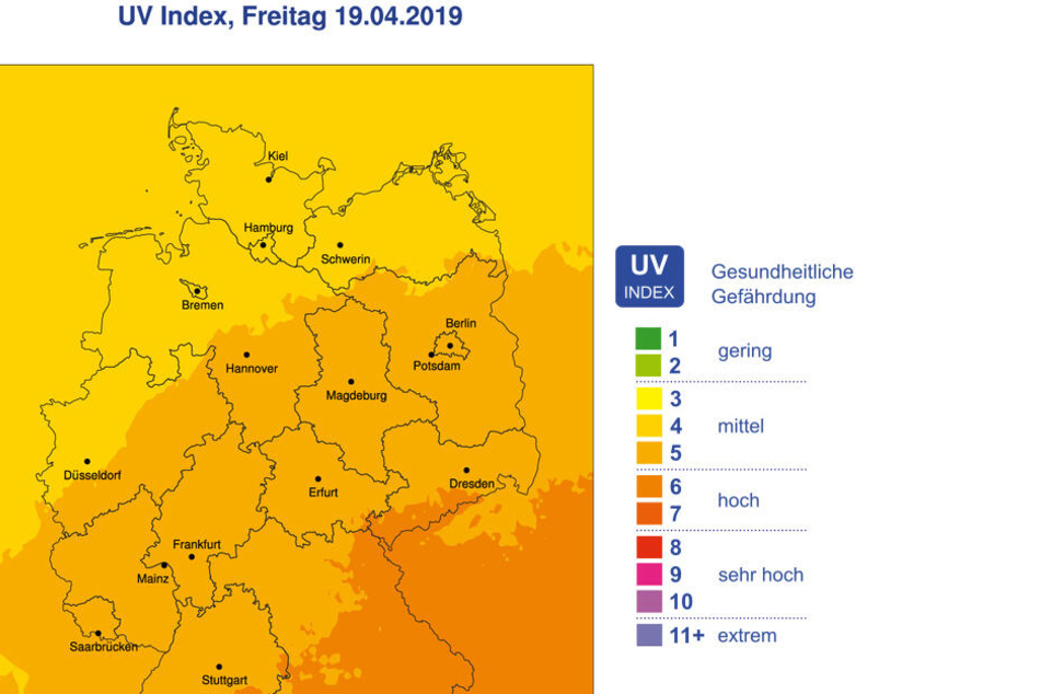 Laut Deutschem Wetterdienst liegen Karfreitag die höchsten UV-Werte in Sachsen und Bayern bei 6 bis 7. Das bedeutet: Ihr müsst Euch schützen!