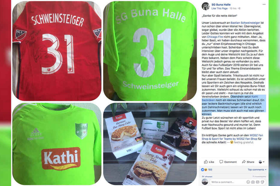 Mit diesem Trikot und einer süßen Überraschung bedanken sich die Hallenser bei dem Profi-Kicker.