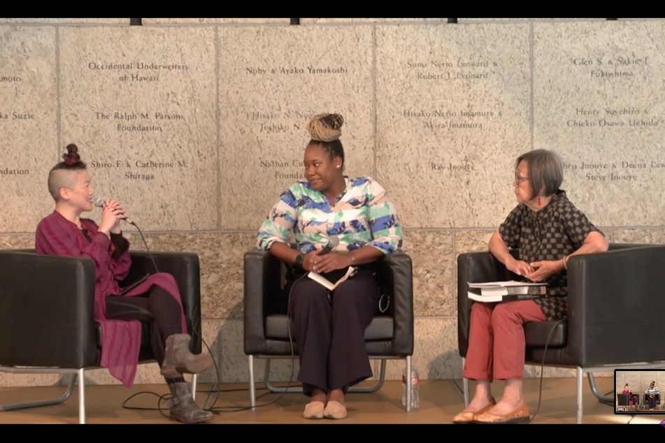 traci kato-kiriyama, Dreisen Heath, and Kathy Masaoka (from l. to r.) speak at the Japanese American National Museum in Los Angeles on the 80th anniversary of Executive Order 9066.