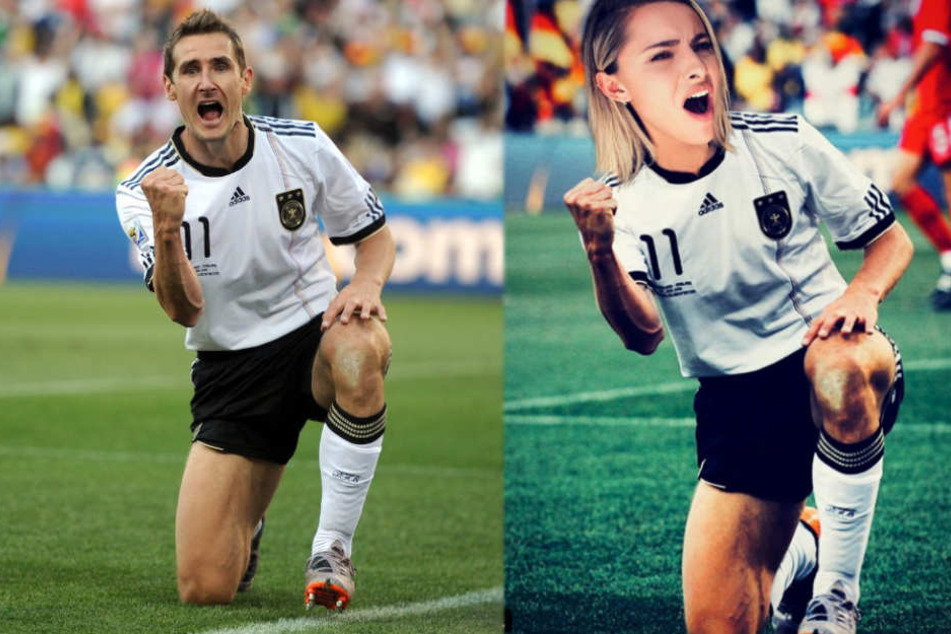 Original und Fälschung: Miro Klose (40) und Sophia Thomalla (28) im WM-Trikot aus dem Jahr 2010. Beide in Jubel-Pose nach Kloses 1:0 gegen England im Achtelfinale.