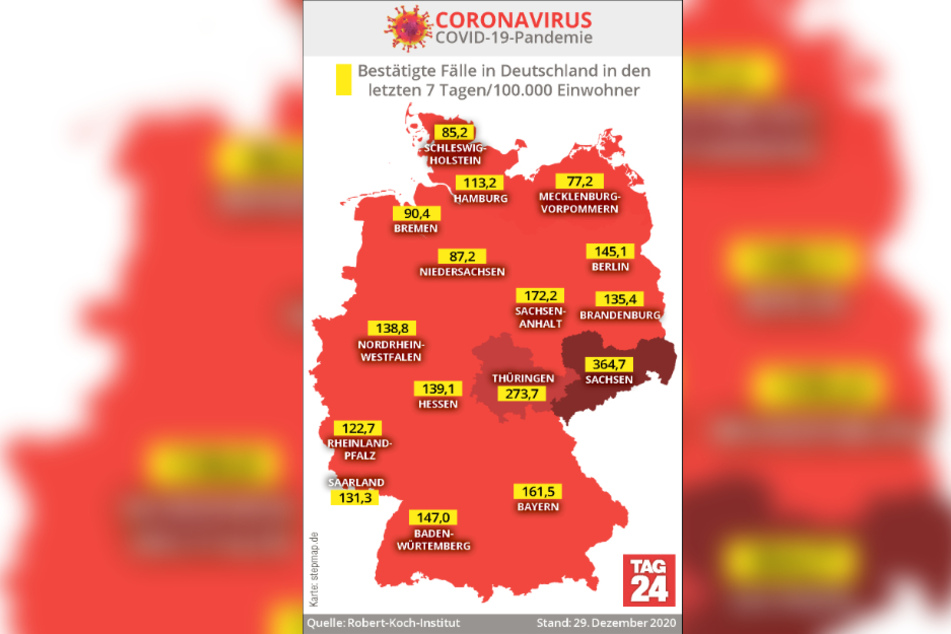 Bestätigte Corona-Fälle in Deutschland in den letzten 7 Tagen/100.000 Einwohner.