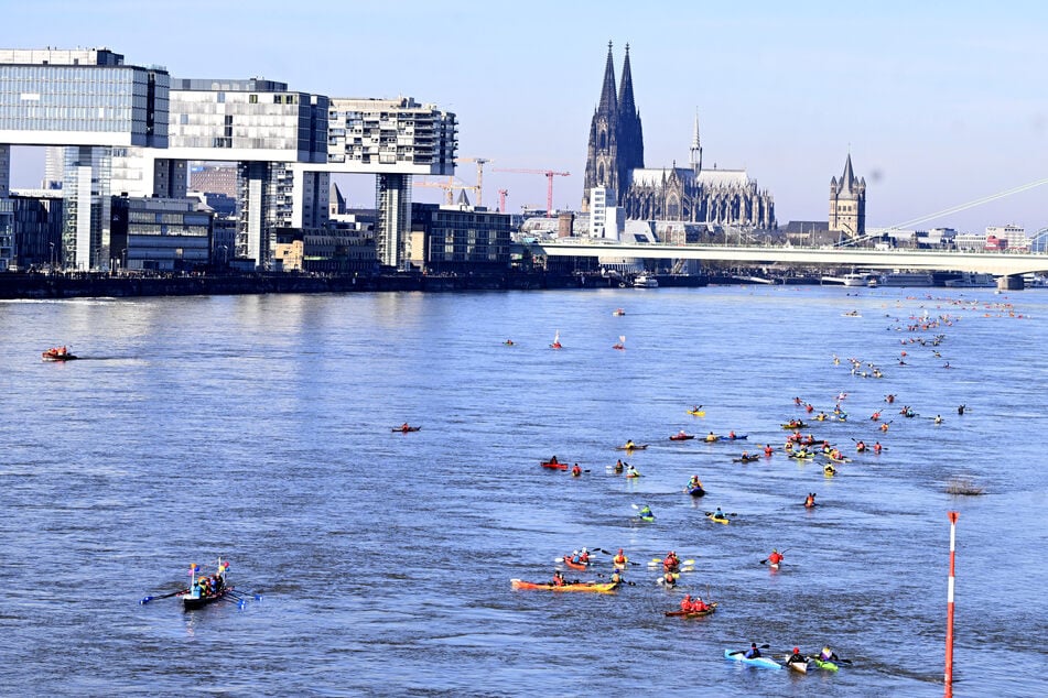 Kanuten haben sich auf dem Rhein in Köln zur Demonstration unter dem Motto "Bunt statt braun" zusammengefunden.