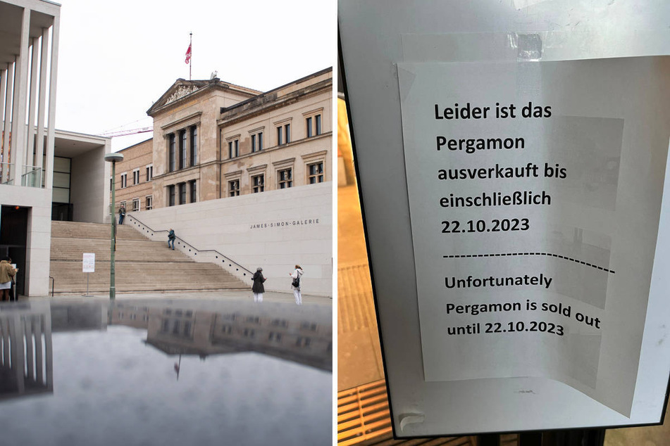 Schon am Eingang der James-Simon-Galerie werden die Besucher darauf hingewiesen, dass keine Tickets mehr für einen Besuch des Pergamonmuseums erhältlich sind.