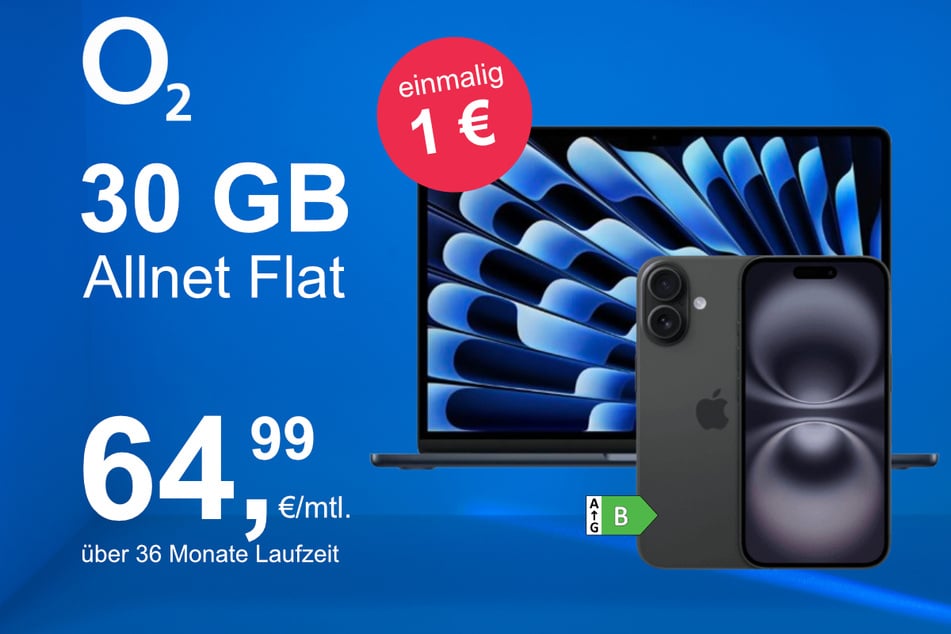 Das iPhone 16 + MacBook Air 13 im o2 Mobile M für einmalig 1 Euro.