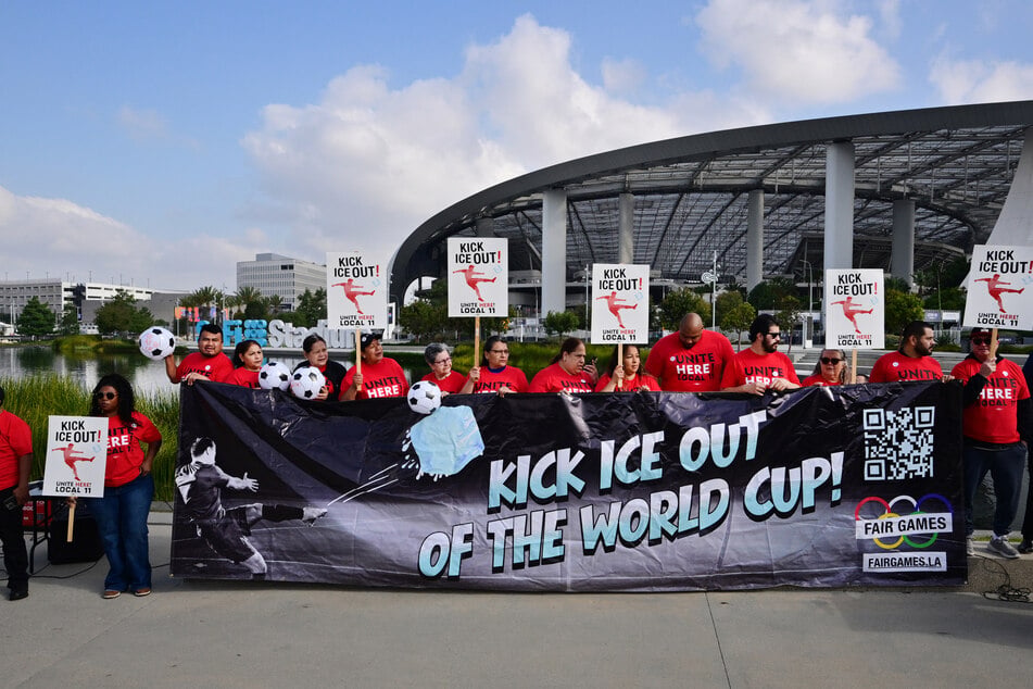 SoFi Stadium workers, including cooks, bartenders, dishwashers, servers and cashiers, protest ahead of the 2026 FIFA World Cup on May 18, 2026.