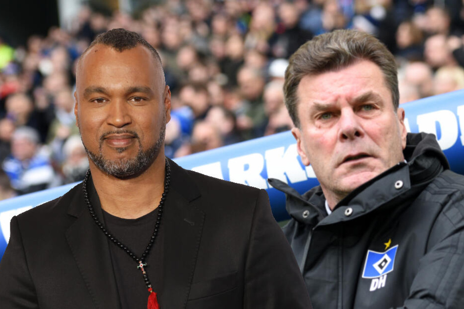Football-Experte Patrick Esume (l) schaut HSV-Trainer Dieter Hecking über die Schulter.