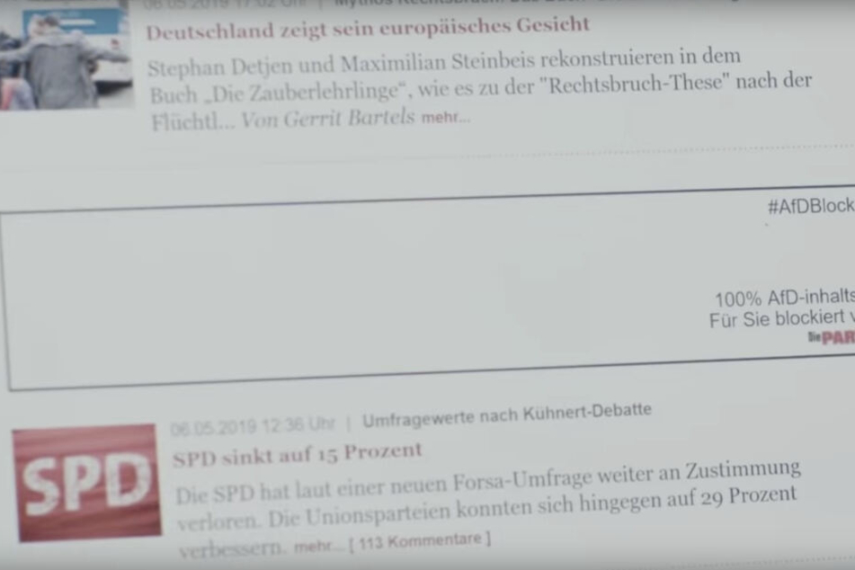 Anstatt Nachrichten über die Afd gibt es nur eine weiße Kachel zu sehen, wenn der Blocker installiert ist.