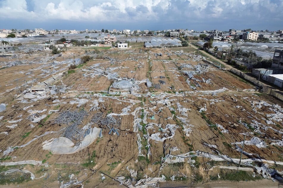 An aerial view of the destruction in Rafah city in the southern Gaza Strip after the ceasefire agreement came into effect, on January 23, 2025.