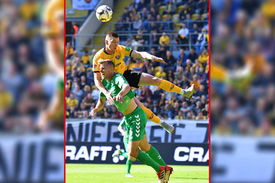Zwar lag Haris Duljevic (o.) beim Hinspiel in der Luft obenauf, doch Richard Magyar gewann mit Fürth die Partie. Am heutigen Donnerstag will Dynamo Revanche fürs 0:1.