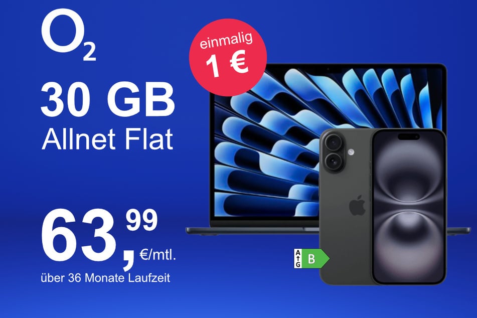 Das iPhone 16 + MacBook Air 13 im o2 Mobile M für einmalig 1 Euro.