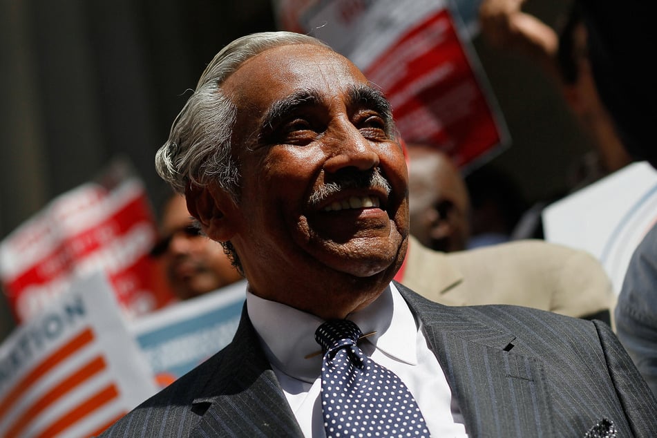 US Representative Charles Rangel (D-NY) smiles on the steps of Federal Hall during a rally for the unemployed in downtown Manhattan September 1, 2010 in New York City.
