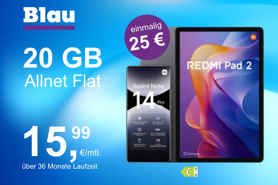 Das Xiaomi Redmi Note 14 Pro 5G + Redmi Pad 2 im Blau Allnet M für einmalig 25 Euro.
