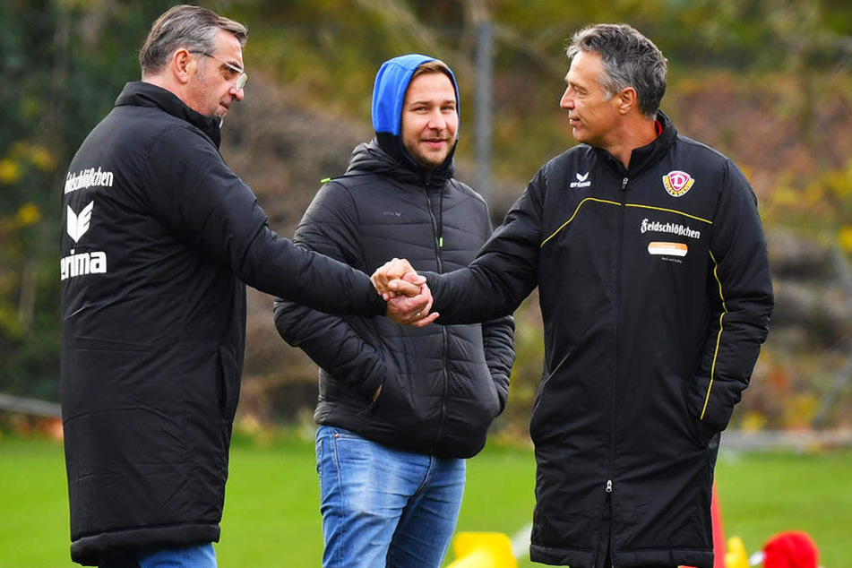 Sport-Geschäftsführer Ralf Minge (v.l.), Pressesprecher Henry Buschmann und Ex-Trainer Uwe Neuhaus.