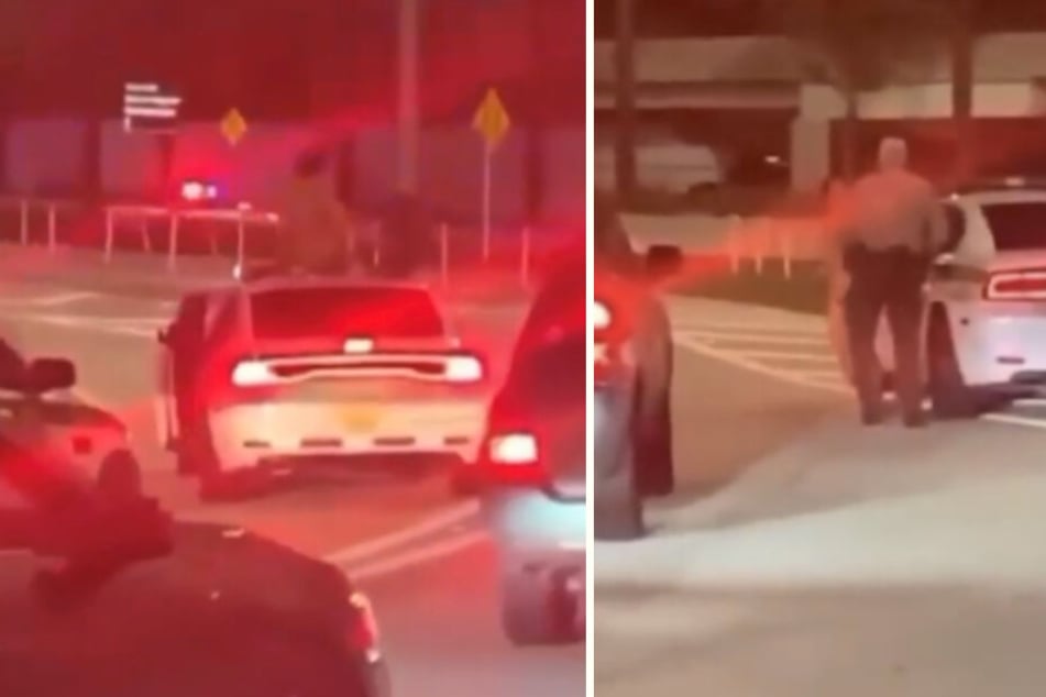 Vor dem Flughafen saß die Frau zunächst auf einem Auto, bevor die Polizei sie festnahm.