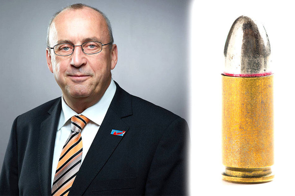 Nach seinem Parteiaustritt flog Frank-Frieder Forberg (F.o.) aus der AfD-Fraktion, die dadurch ihren Fraktionsstatus verliert. Eine solche Pistolenpatrone (rechts, Kaliber 9mm) fand sich im Briefkasten der Zwickauer AfD-Fraktion.