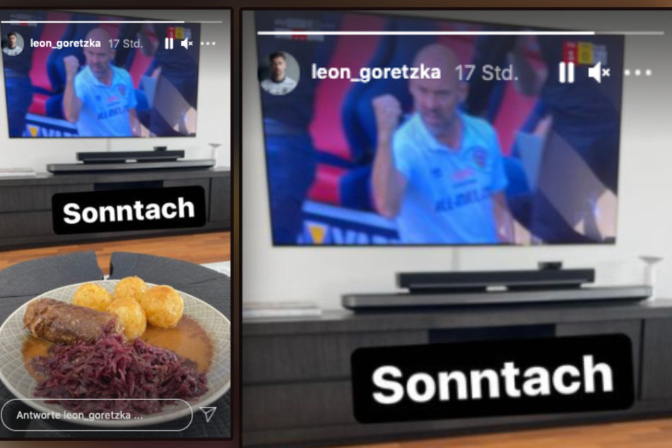 Leon Goretzka (26) postete am "Sonntach" seine Mittagsbeschäftigung. Roulade mit Rotkraut und Knödeln und dazu die SG Dynamo Dresden und die 2. Liga.
