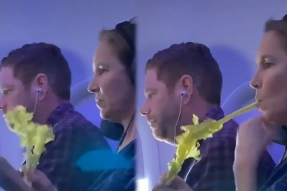 Eine Frau genoss im Flugzeug ihren Sellerie in vollen Zügen.